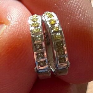 14K white gold Huggies earrings small hoops with yellow stones